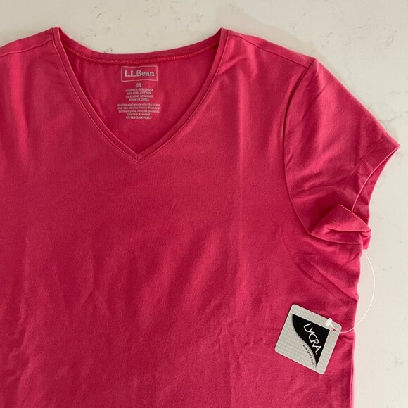 L.L.Bean Casual SS V Neck Pima Cotton Blend T Shirt Top Rose Pink Sz M NWT - Picture 2 of 8